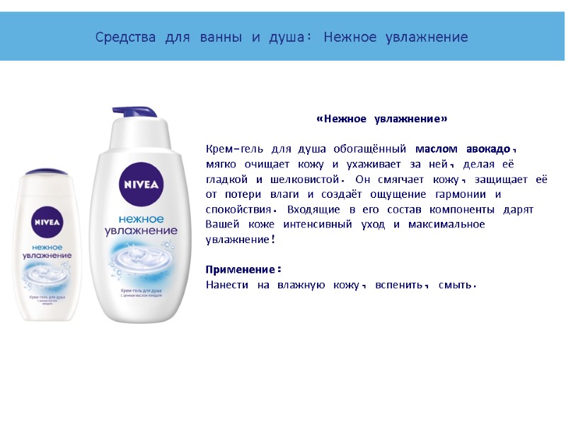 «Нежное увлажнение»  Крем-гель для душа обогащённый маслом авокадо, мягко очищает кожу и ухаживает